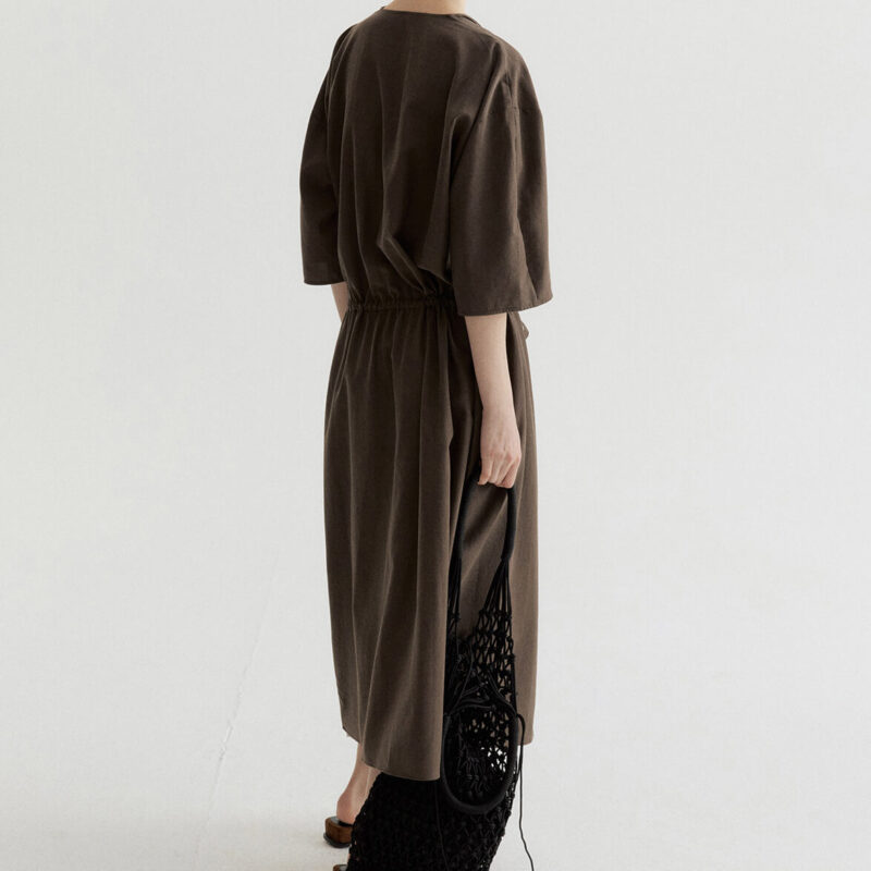 Tencel Cotton Draped Neckline Drawstring Sand Washed Distressed Texture Dress
