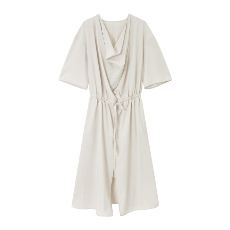 Tencel Cotton Draped Neckline Drawstring Sand Washed Distressed Texture Dress