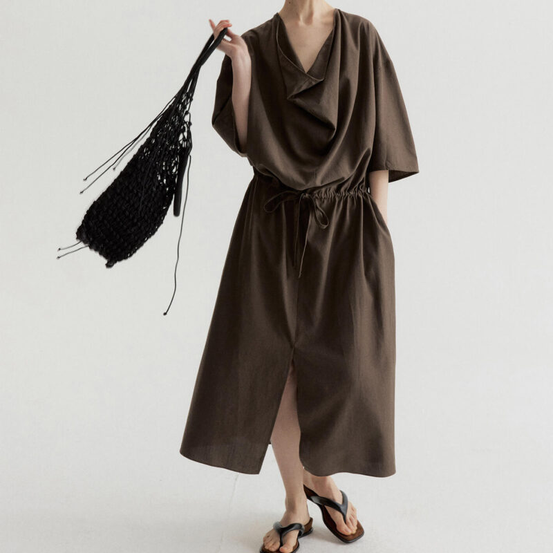 Tencel Cotton Draped Neckline Drawstring Sand Washed Distressed Texture Dress