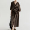 Tencel Cotton Draped Neckline Drawstring Sand Washed Distressed Texture Dress