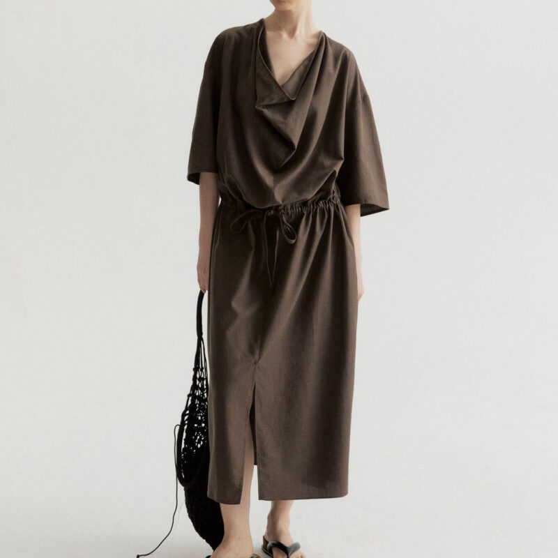 Tencel Cotton Draped Neckline Drawstring Sand Washed Distressed Texture Dress