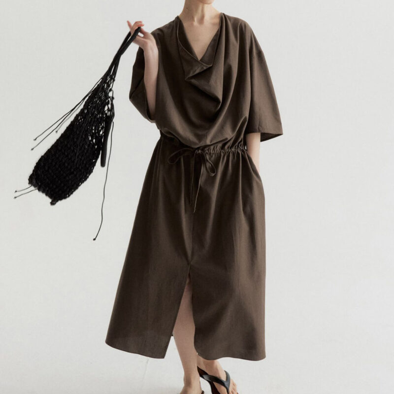 Tencel Cotton Draped Neckline Drawstring Sand Washed Distressed Texture Dress