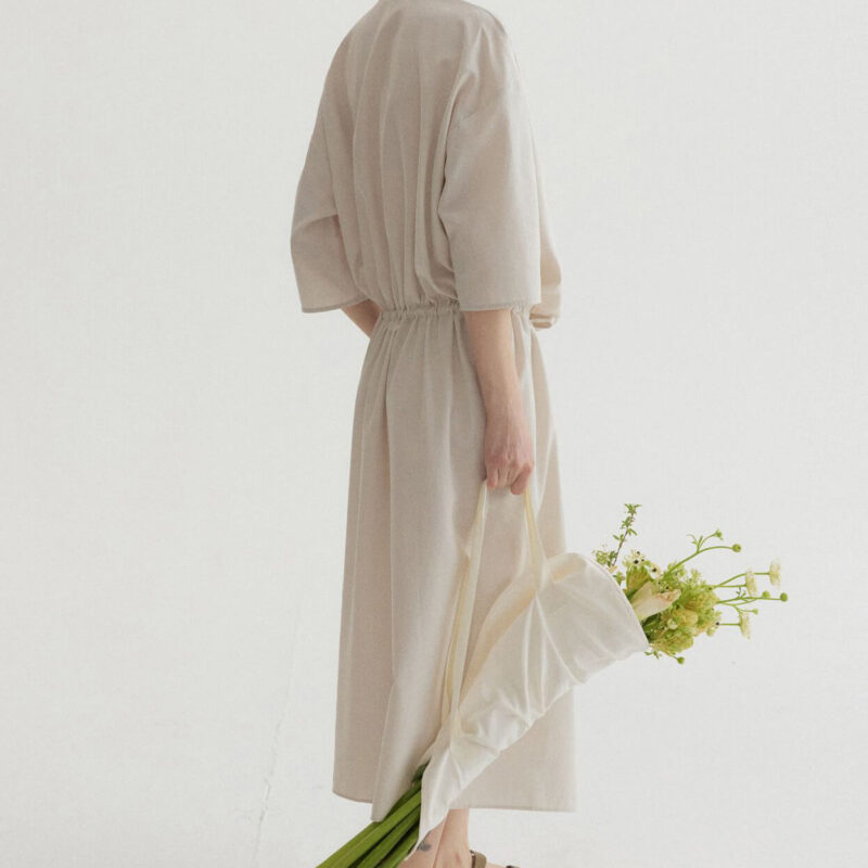 Tencel Cotton Draped Neckline Drawstring Sand Washed Distressed Texture Dress