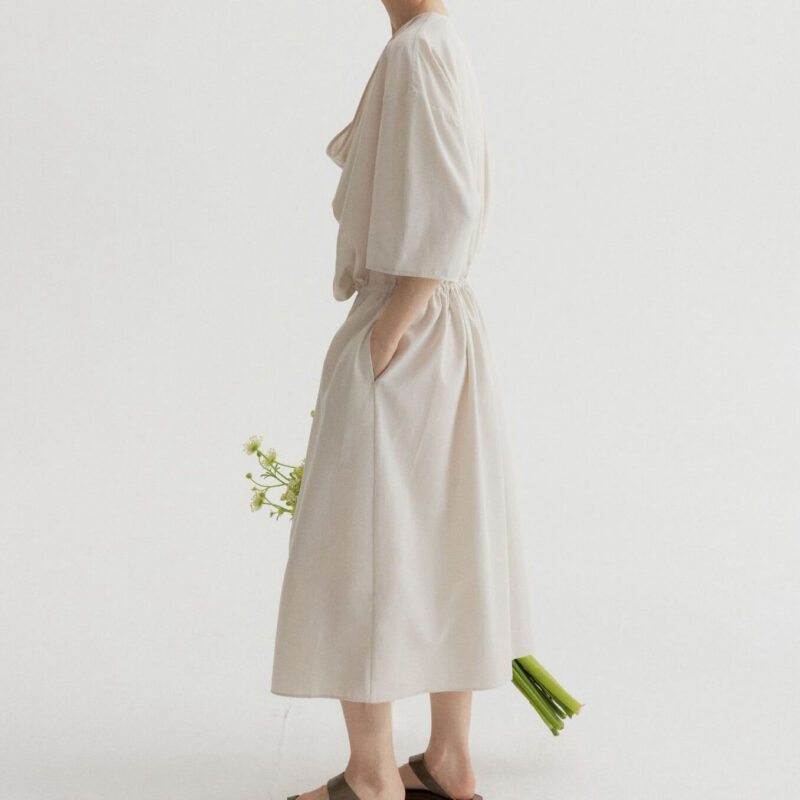 Tencel Cotton Draped Neckline Drawstring Sand Washed Distressed Texture Dress