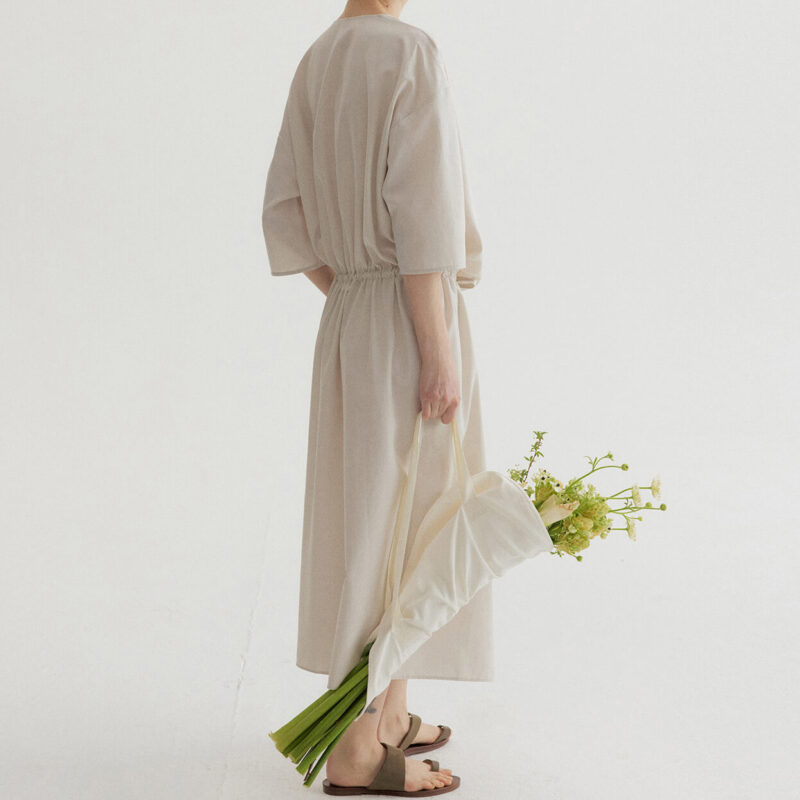 Tencel Cotton Draped Neckline Drawstring Sand Washed Distressed Texture Dress