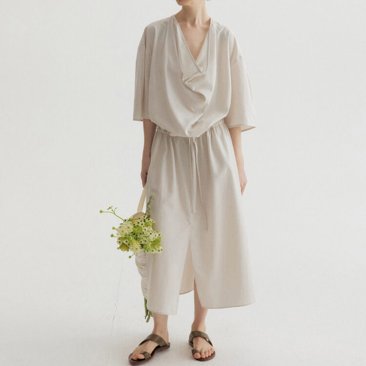 Tencel Cotton Draped Neckline Drawstring Sand Washed Distressed Texture Dress