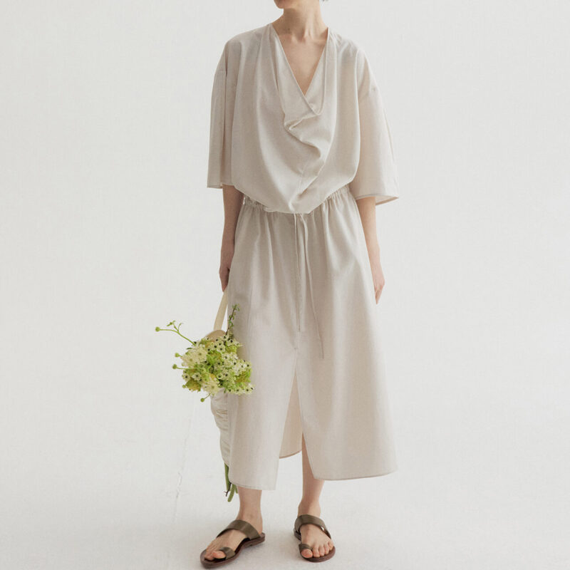 Tencel Cotton Draped Neckline Drawstring Sand Washed Distressed Texture Dress