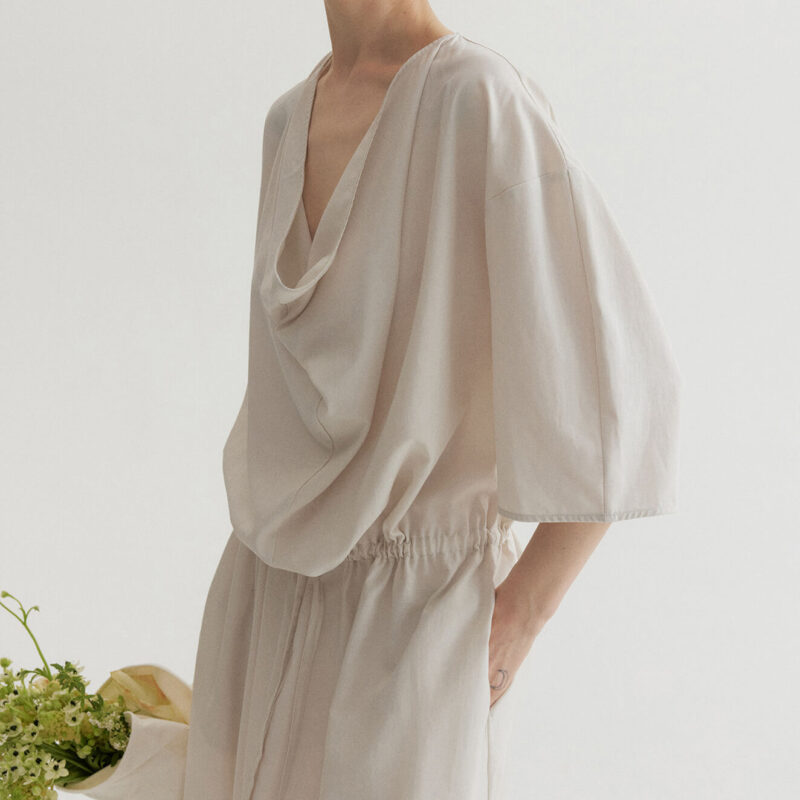 Tencel Cotton Draped Neckline Drawstring Sand Washed Distressed Texture Dress