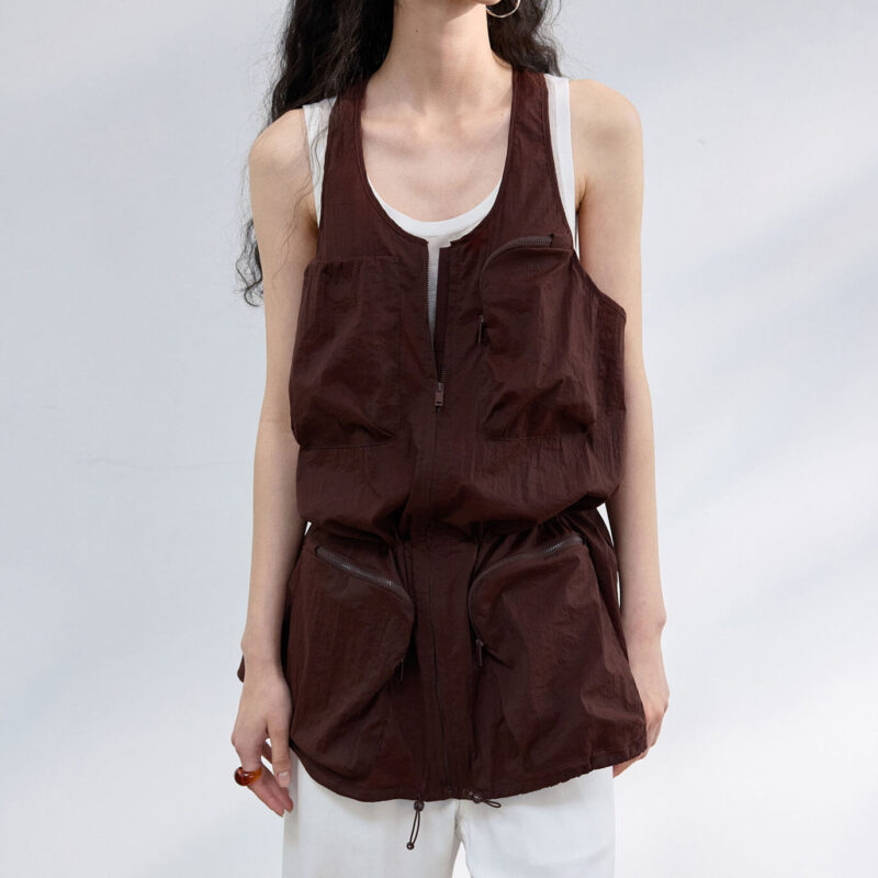 U neck Workwear Drawstring Wrinkled Vest 1