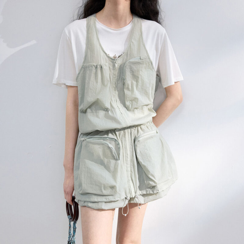 U neck Workwear Drawstring Wrinkled Vest 10