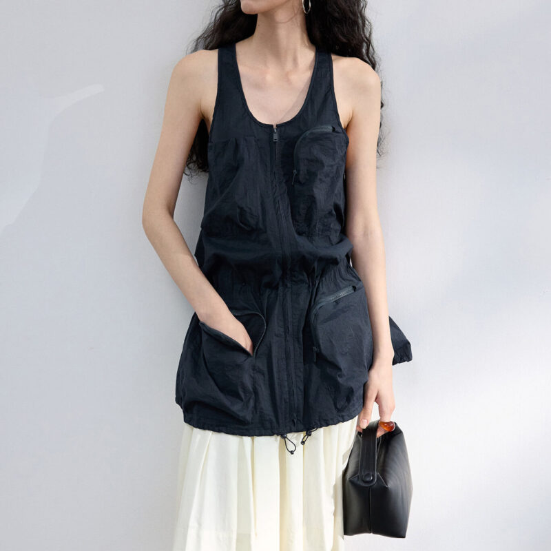 U neck Workwear Drawstring Wrinkled Vest 9