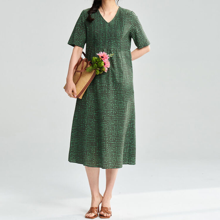 Summer V-neck Green Printed Commuter Dress
