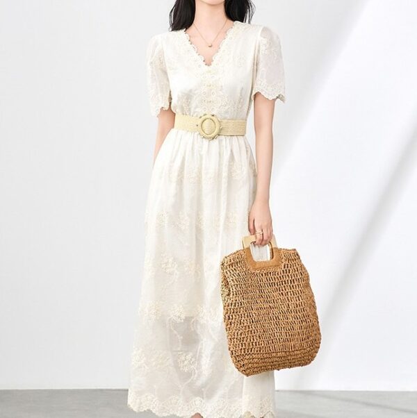 V-neck cotton embroidered lace dress
