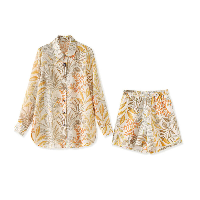 Vacation-style Printed Shirt + Casual High-waisted Shorts Two-piece Set