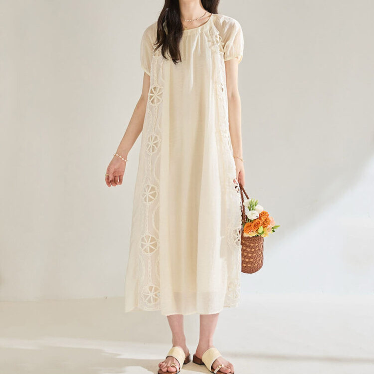 Vintage Off-white Round Neck Tencel Dress