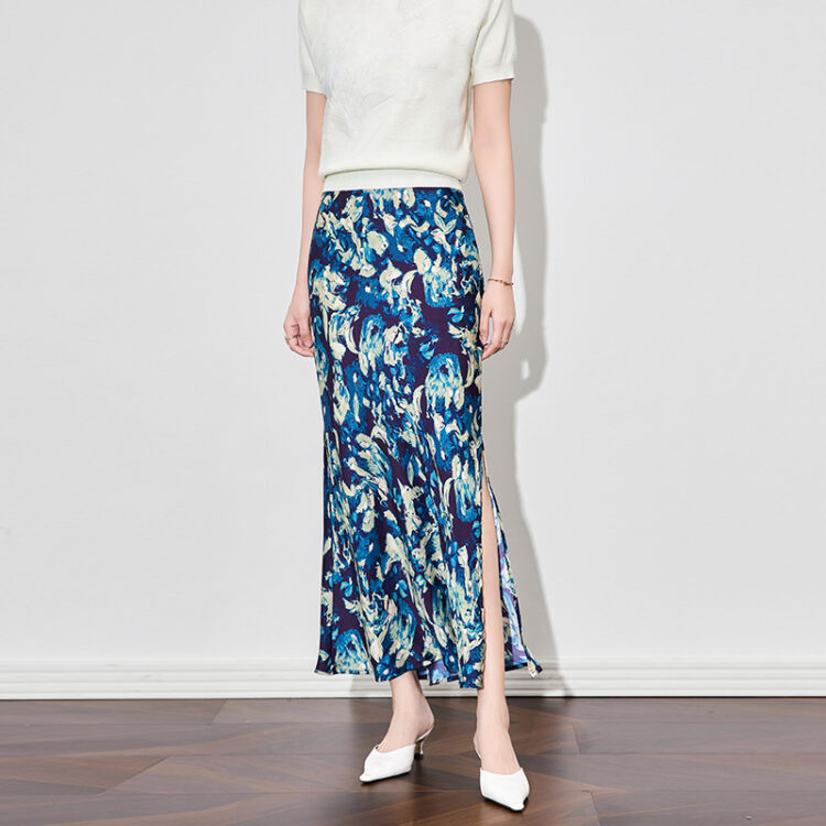 Vintage Print Acetate Satin Slit Skirt