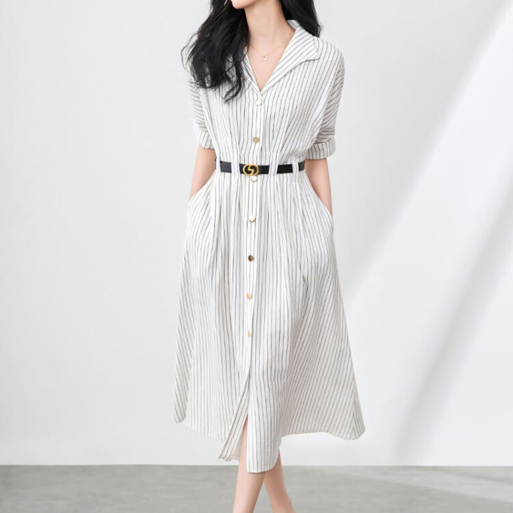 Waist-cinching Striped Single-breasted Buttons Shirt Dress