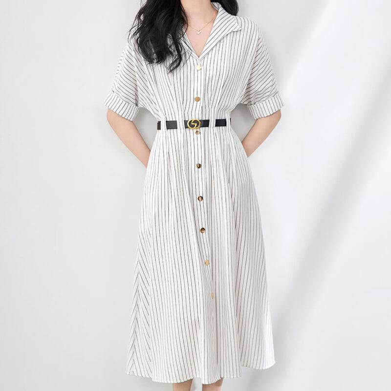 Waist-cinching Striped Single-breasted Buttons Shirt Dress
