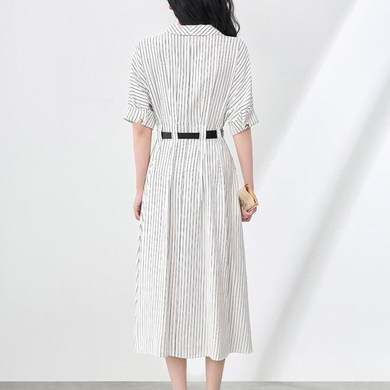 Waist-cinching Striped Single-breasted Buttons Shirt Dress
