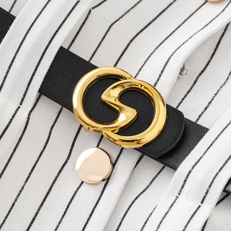 Waist-cinching Striped Single-breasted Buttons Shirt Dress
