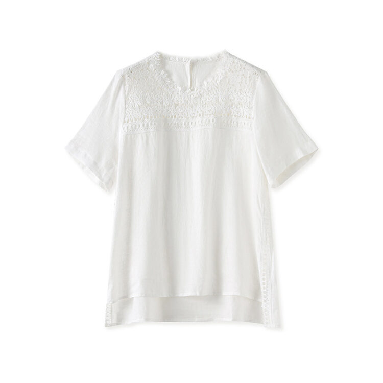 White Linen Lace Short Sleeve Top