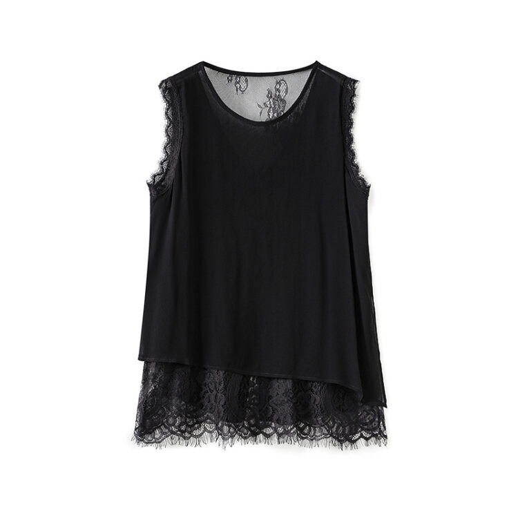 White and black sleeveless lace chiffon top with slit back