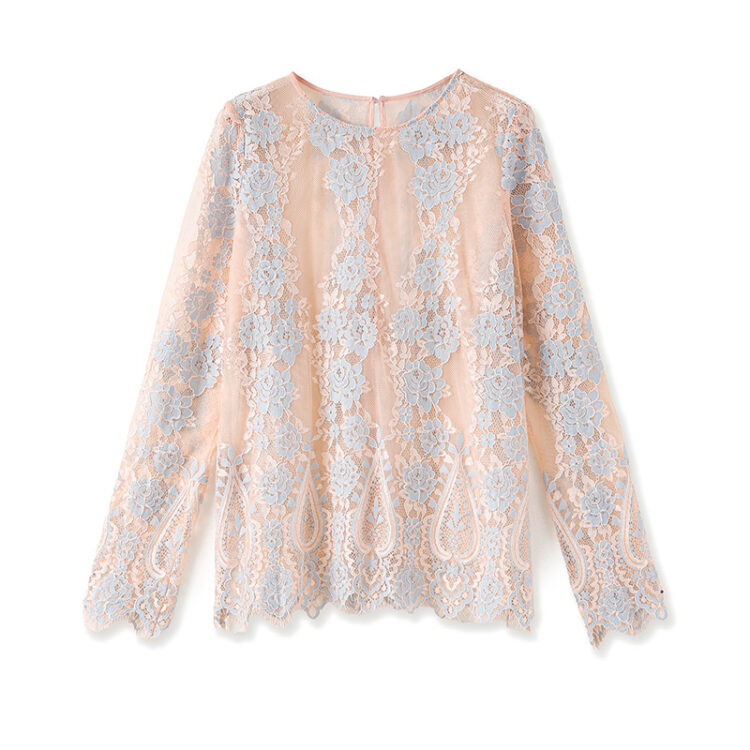 White and pink long-sleeved lace shirt
