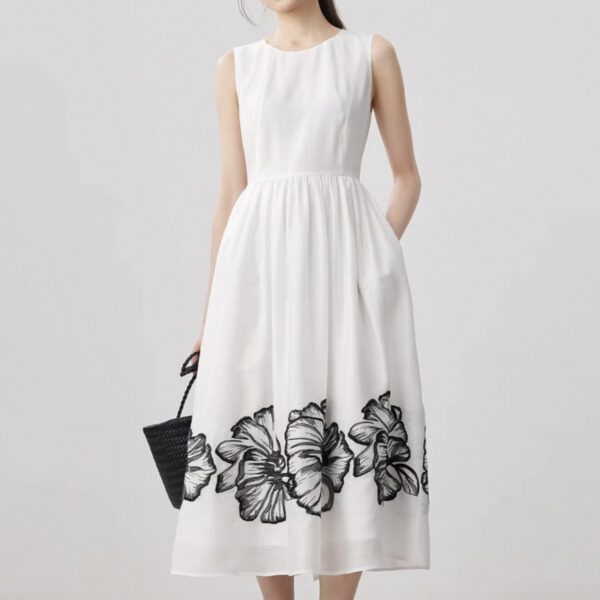 White round neck embroidered linen vest dress 2 1