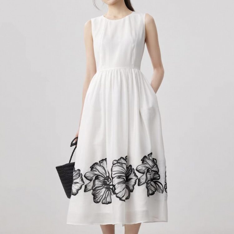 White round neck embroidered linen vest dress
