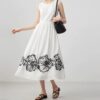 White round neck embroidered linen vest dress 3
