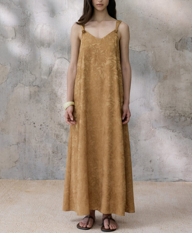 Retro Leaf Jacquard Suspender Drape Long Dress