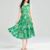 Summer Holiday Style Green Printed Full Skirt Vest Dress