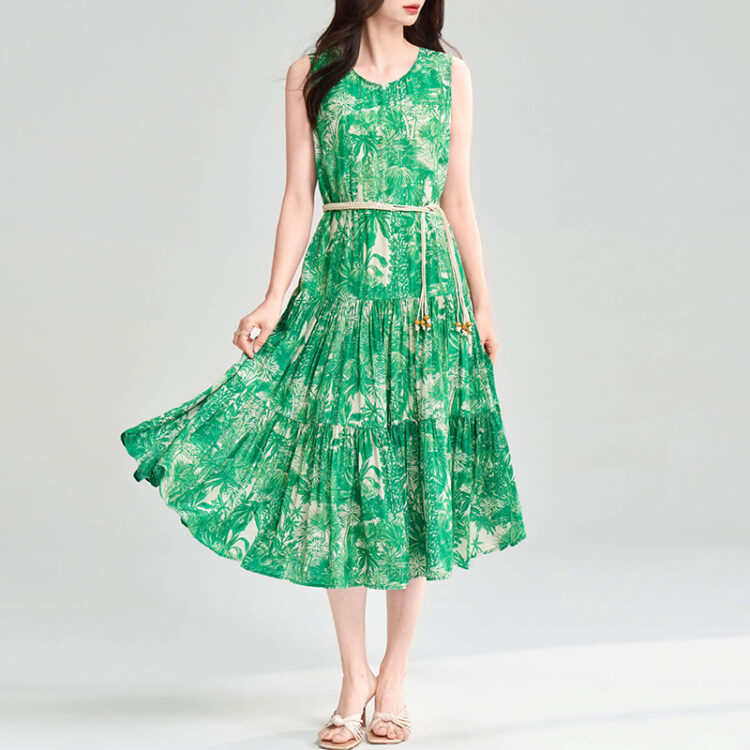 Summer Holiday Style Green Printed Full Skirt Vest Dress