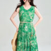 Summer Holiday Style Green Printed Full Skirt Vest Dress