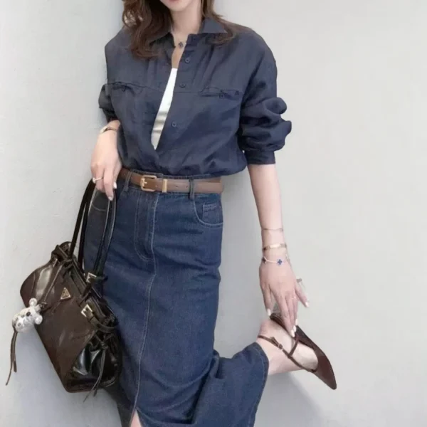 Elegant retro split denim skirt (with belt)