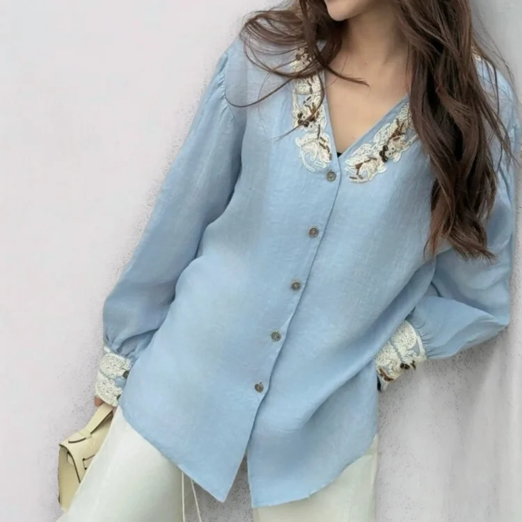 Linen Embroidered Single Breasted Loose Fashion Shirt