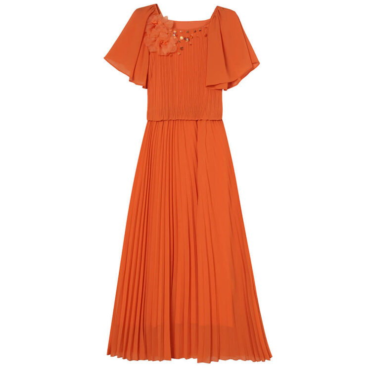 Summer Three-dimensional Flower Pink Holiday Style Ruffle Sleeve Pleated Dress