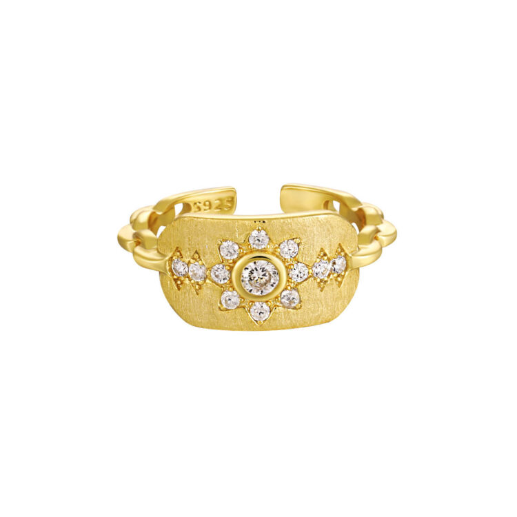 S925 Sterling Silver Brushed Inlaid Zircon Sunflower Ring