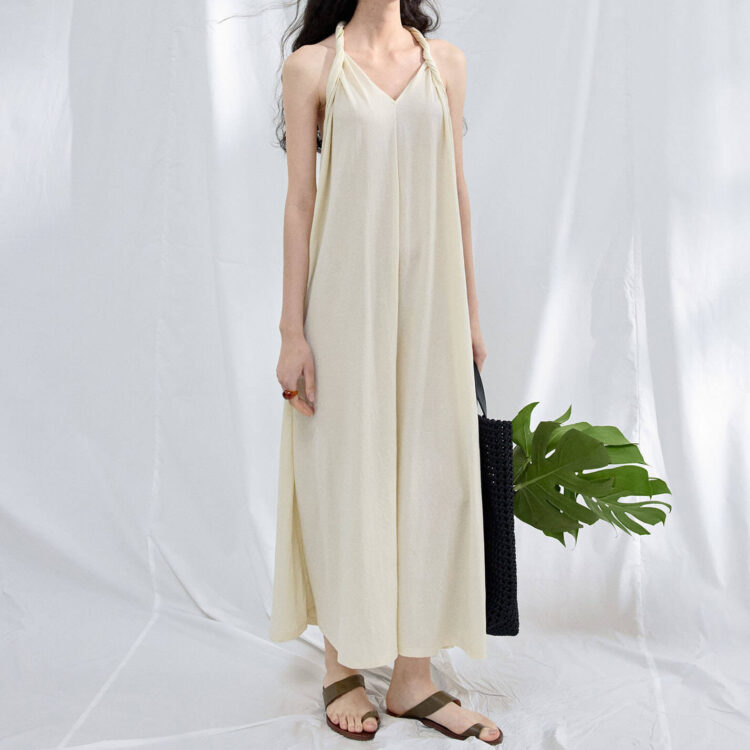 Resort-style Linen-Cotton Knotted Ribbon Dress