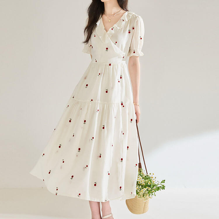 3D Embroidered V-Neck Ruffle Dress