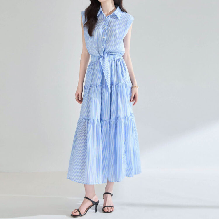 Blue and White Striped Shirt Dress