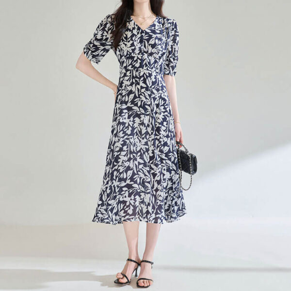 blue v neck short sleeved floral tea dress 1