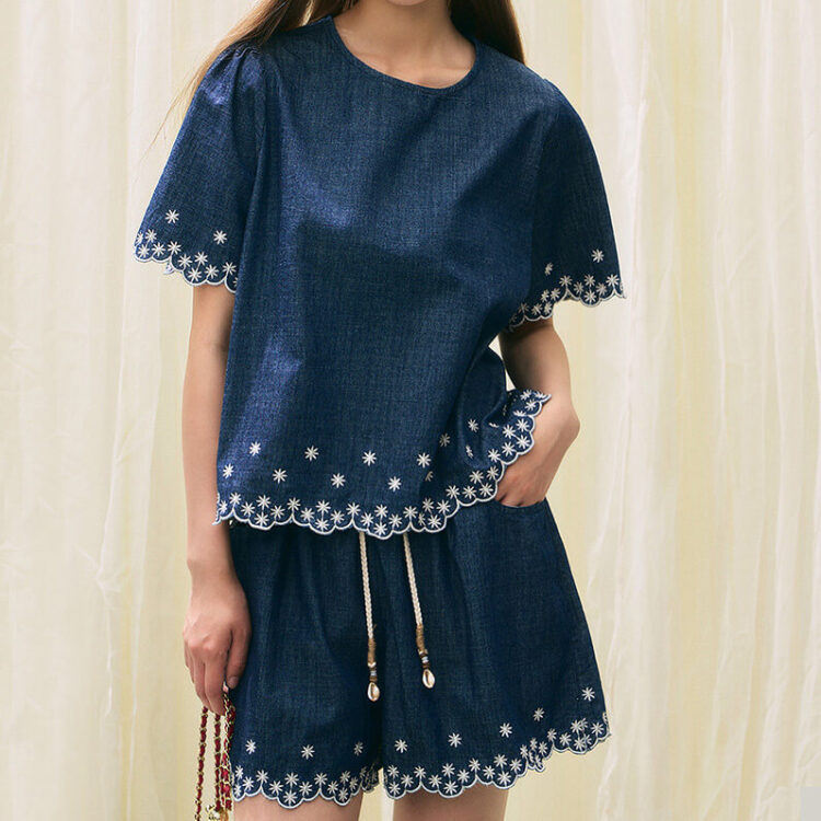 Embroidered Washed Denim Top and Shorts Set