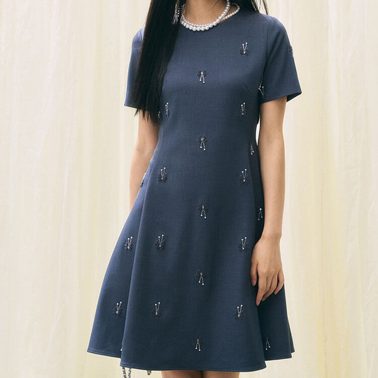 Grey Heavy Embroidery Short Sleeve Dress