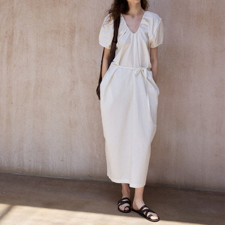 Linen-Blend Bubble-Sleeve Cocoon Dress