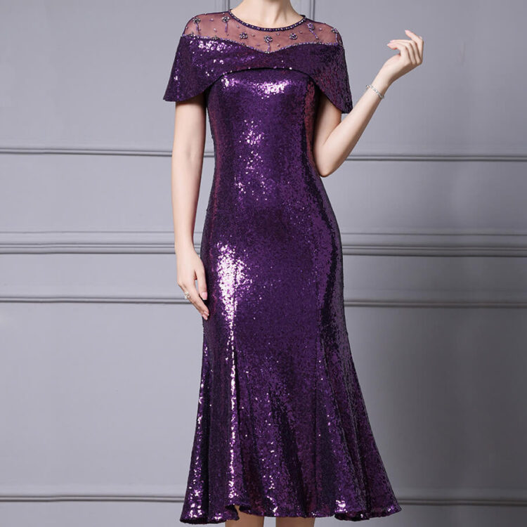 purple handmade diamond sequined fishtail party dress 2