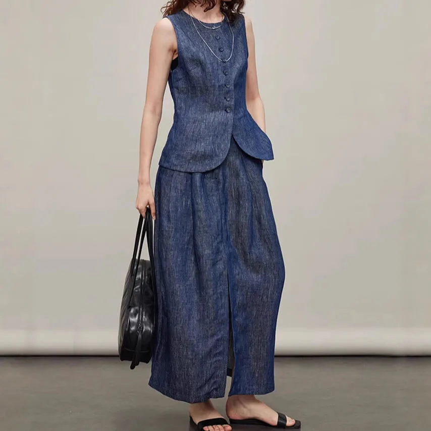 Resort-style Denim Linen Vest Skirt Suit