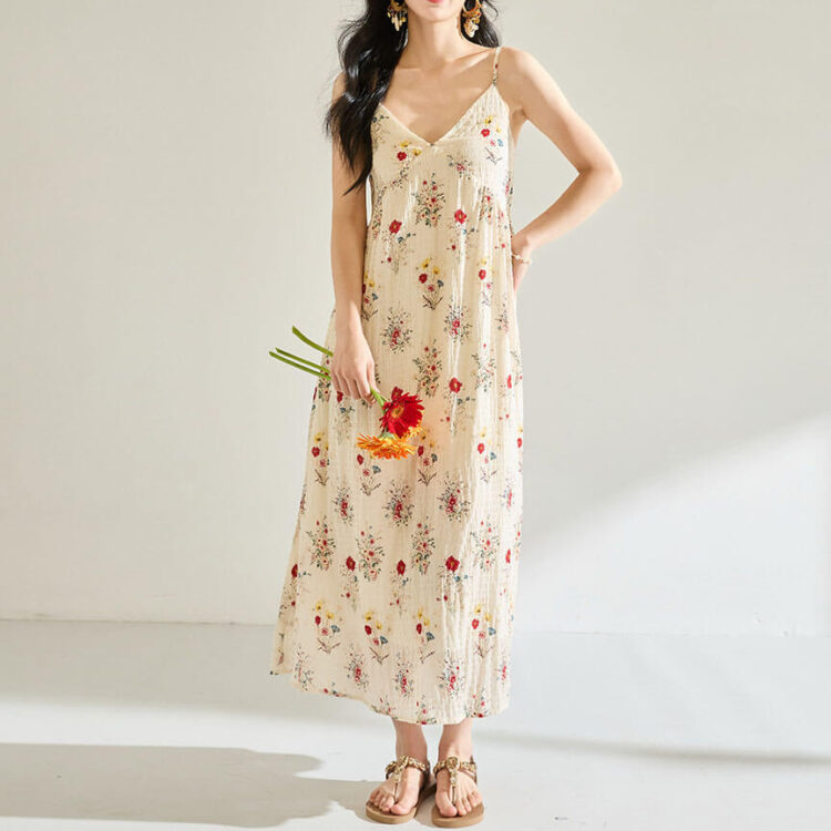 Resort-style French Floral Suspender Dress