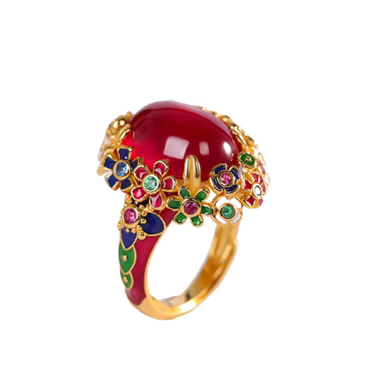 S925 Silver Blue Enamel Ruby Flower Ring