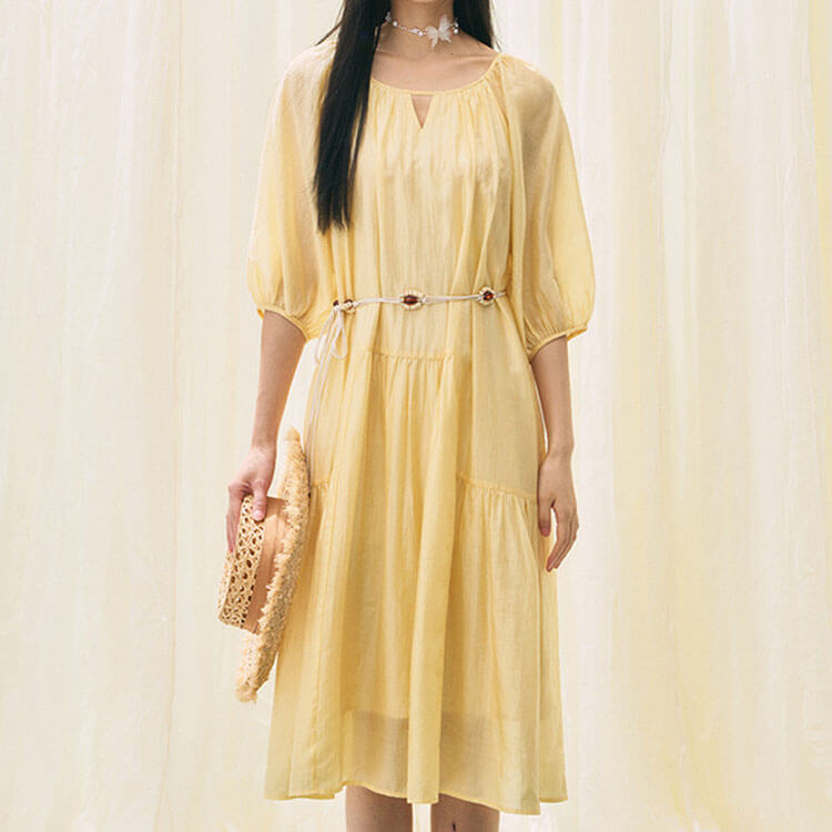 Vintage Resort-style Tencel Yellow Dress